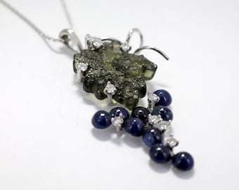 Moldavite Carving Grape Leaf Necklace,14kt. White Gold Grape Cluster Necklace with Diamonds, Blue Sapphires, Artisan Custom Design Jewelry