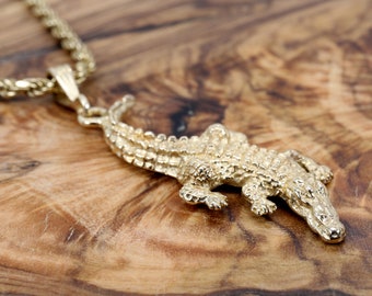 Gold Alligator Necklace for him, Mans Large Alligator Necklace in 14kt Gold Vermeil on heavy rope chain, Florida Gator Fan Gift for him her