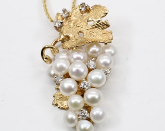 White Pearls Grape Cluster Ketting voor haar, 14kt. gouden Druivencluster met Zoetwaterparels en diamanten, cadeau voor moeder of vrouw, wijnmaker