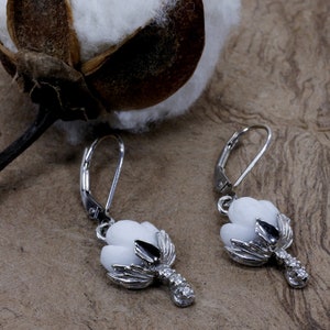 Cotton Anniversary Gift for her, Handmade Cotton Boll Earrings in 14kt White Gold With White Cotton Stone and Diamond Stems, Farmers wife
