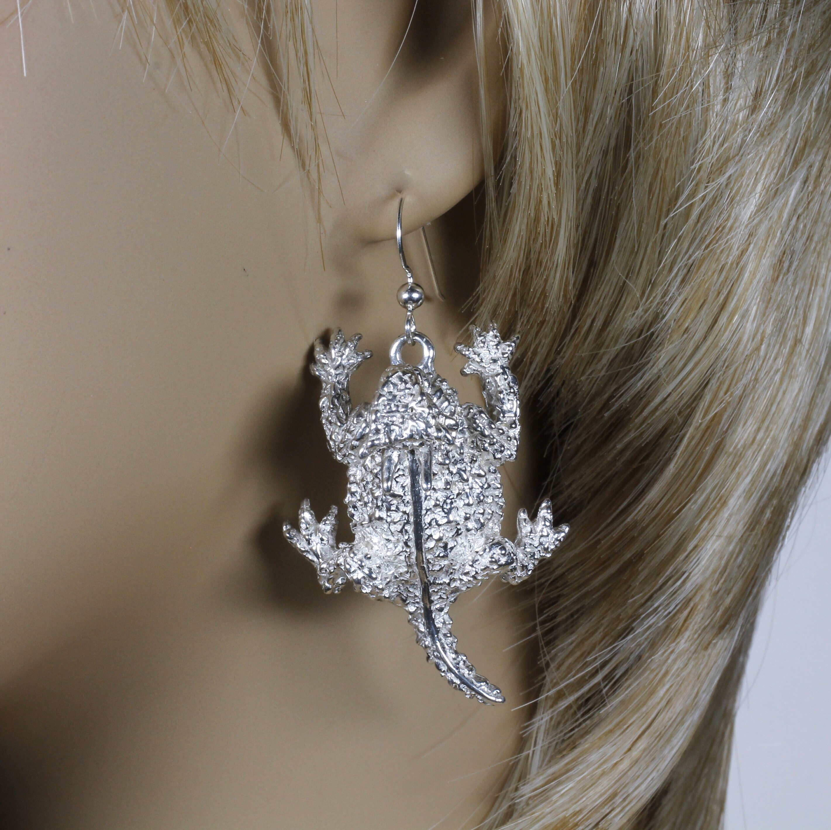 Large Size Silver Horned Frog Toad Lizard Earrings Made in