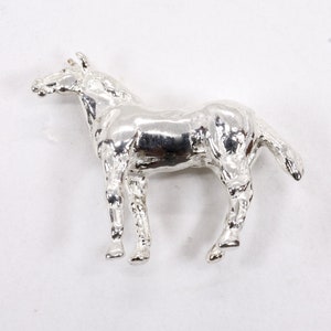 Può includere: Una statuetta di cavallo d'argento con un design dettagliato e realistico. Il cavallo è in piedi su tutte e quattro le zampe con la testa alta.