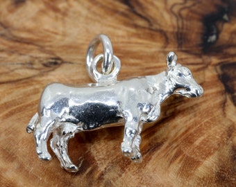 Silver Cow Charm, Solid 925 Sterling Silver Dairy Milk cow charm for Farmer or Rancher, Beef Cow charm for woman, Charm for girl,  Gift mom