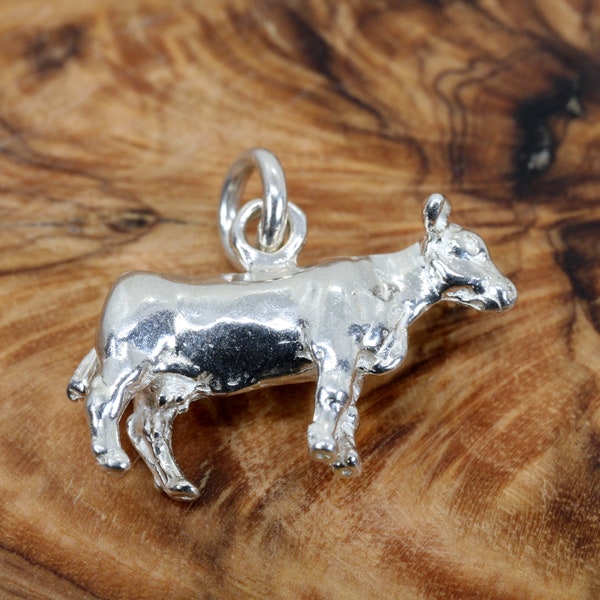 Silver Cow Charm, Solid 925 Sterling Silver Dairy Milk cow charm for Farmer or Rancher, Beef Cow charm for woman, Charm for girl,  Gift mom