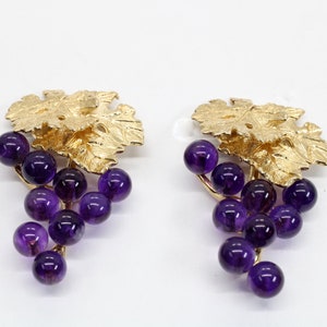 Amethyst Grape Earrings Gift for her, Large Two Leaf 14kt. Gold Amethyst Grape Cluster Earrings, February birthstone gift,Wine lover for her