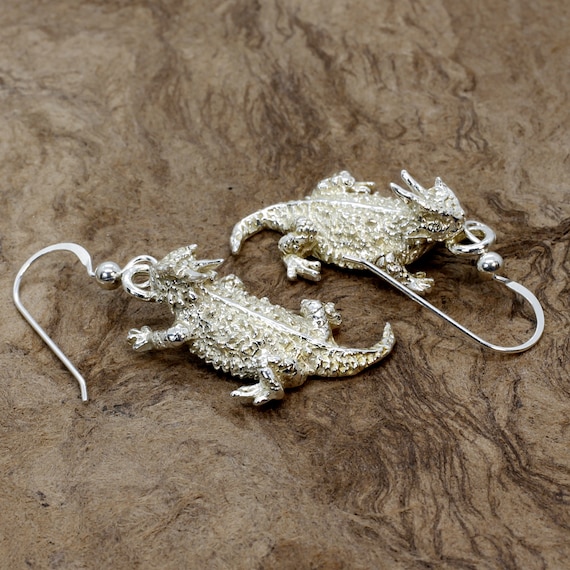 Large Silver Horned Toad Frog Lizard Earrings In 925