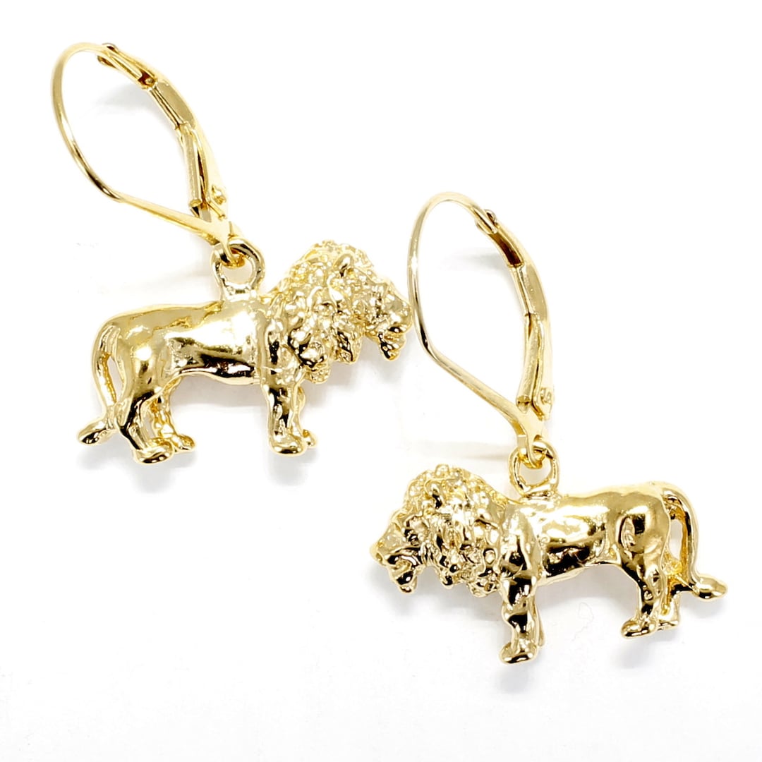 Gold Lion Earrings , 14kt Gold Vermeil Full Body Lion Dangle Earrings