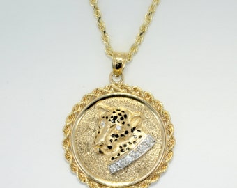 Large Gold Jaguar Necklace for man or woman, Jaguar Coin Medallion with rope Bezel  in 14kt Yellow  Gold on 18"  Rope chain.