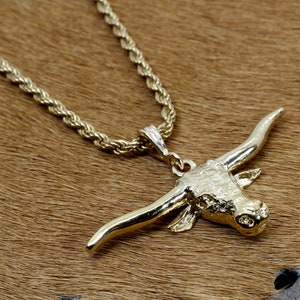 Gold Large Longhorn Head Necklace for him or her made in 14kt Gold Vermeil, Texas Longhorn Logo Gift for Texas Football Fan, Steers Necklace