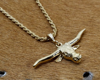 Gold Longhorn Head Necklace for him or her made in 14kt Gold Vermeil, Texas Longhorn Logo Gift for Texas Football Fan, Steers Necklace