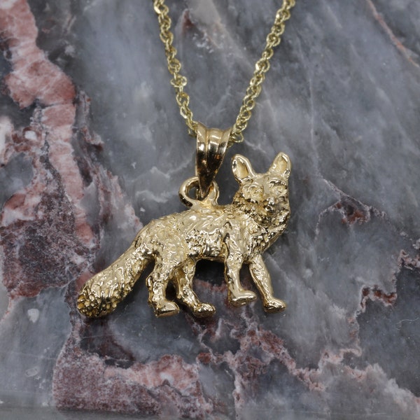 Collier de renard d’or pour elle, 14kt or massif 3-D Fox, cadeau pour l’amoureux du renard, amoureux de la faune animale, collier de renard gris ou rouge