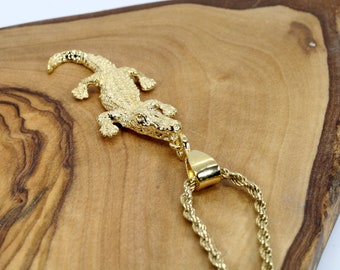 Extra Large Gold Alligator Necklace For Man or Woman on Cuban or Rope Chain, Realistic Alligator Necklace in 14kt Gold Vermeil