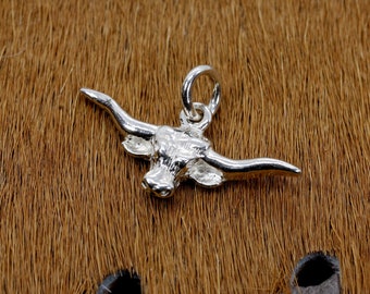 Dije de cuernos largos de Texas de plata esterlina: colgante con cabeza de toro de plata 925