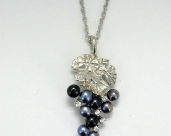 Grape Jewelry Necklace, Two Leaf Sterling Silver Black Pearl CZ Grape Cluster Necklace, Wine Lover Gift,  Gift mom Gift