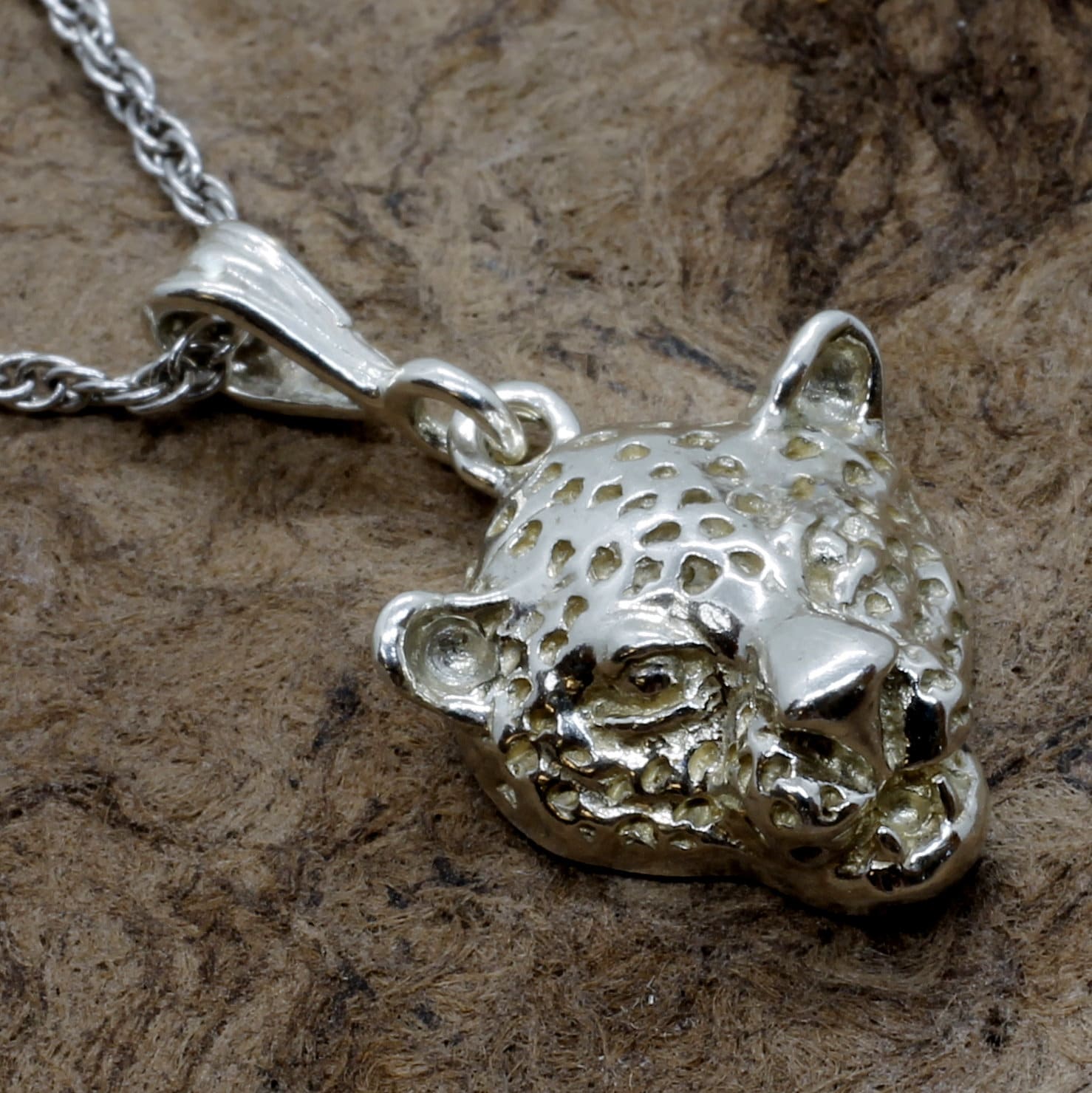 Sterling Silver Jaguar Head Necklace: Hand Carved Big Cat Pendant