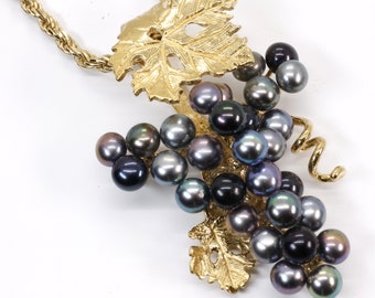 Large Black Pearl Grape Cluster Necklace made in 14kt. Gold Vermeil on rope chain for wine lover gift