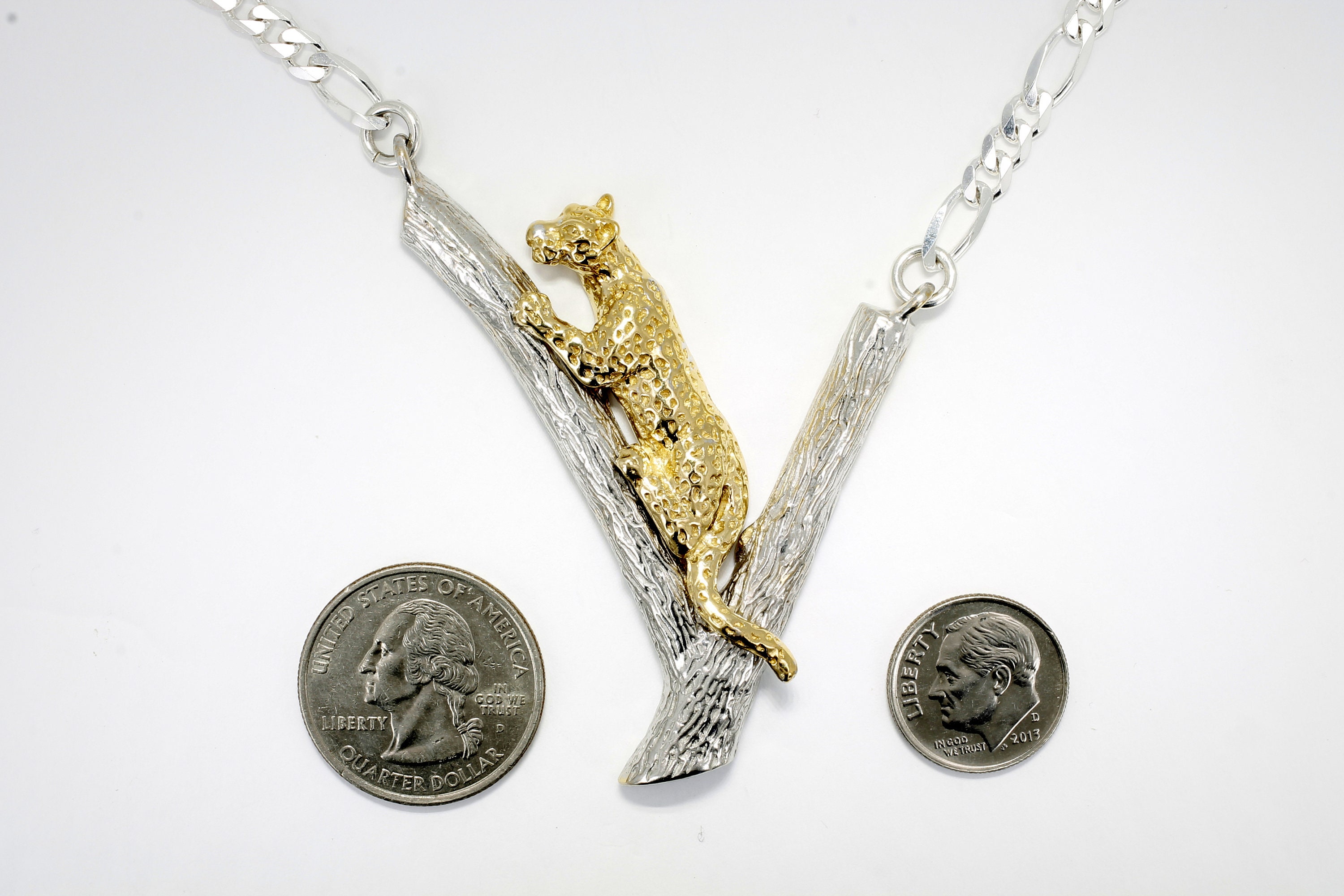 Gold Jaguar Necklace: Sterling Silver Tree Branch, Big Cat Jewelry 