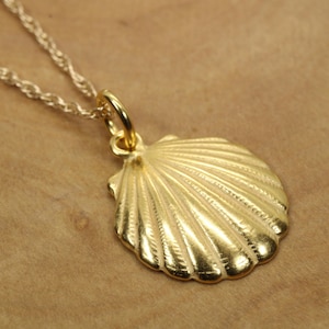 May include: A gold-colored seashell pendant necklace. The pendant is a detailed, textured seashell design, suspended from a delicate gold chain. The necklace is displayed on a brown surface, highlighting the jewelry's shine.