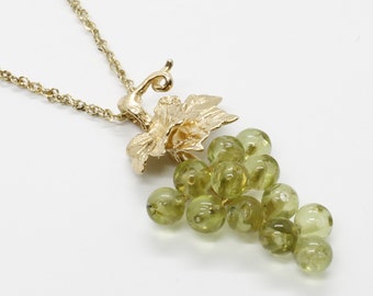 Grape Jewelry, Small Two Leaf 14kt. Gold Peridot Grape Cluster Necklace,Gift mom, Wine Lover Gift, August birthstone necklace gift for her