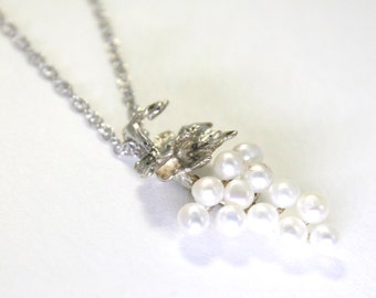 Grape Cluster Necklace, Small Two Leaf Sterling Silver White Pearl Grape Cluster Necklace