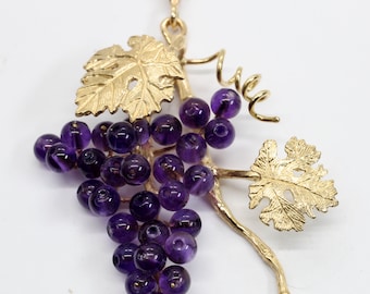 Amethyst Grape Cluster Necklace For Her, Large Two Leaf 14kt Gold Grape Theme Necklace, Wine Lover Gift for her