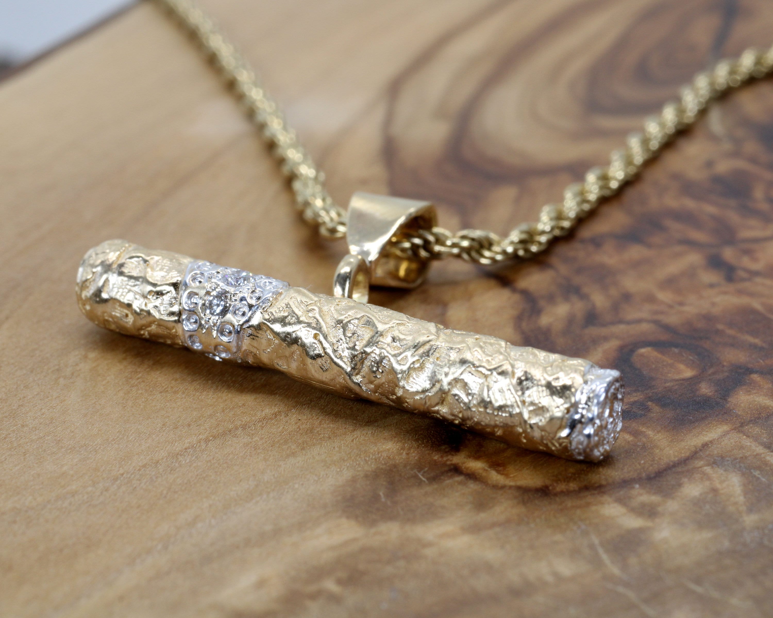 Gold Cigar Necklace For him in solid 14kt gold with diamond band, Cigar aficionado gift for man, Tobacco grower present