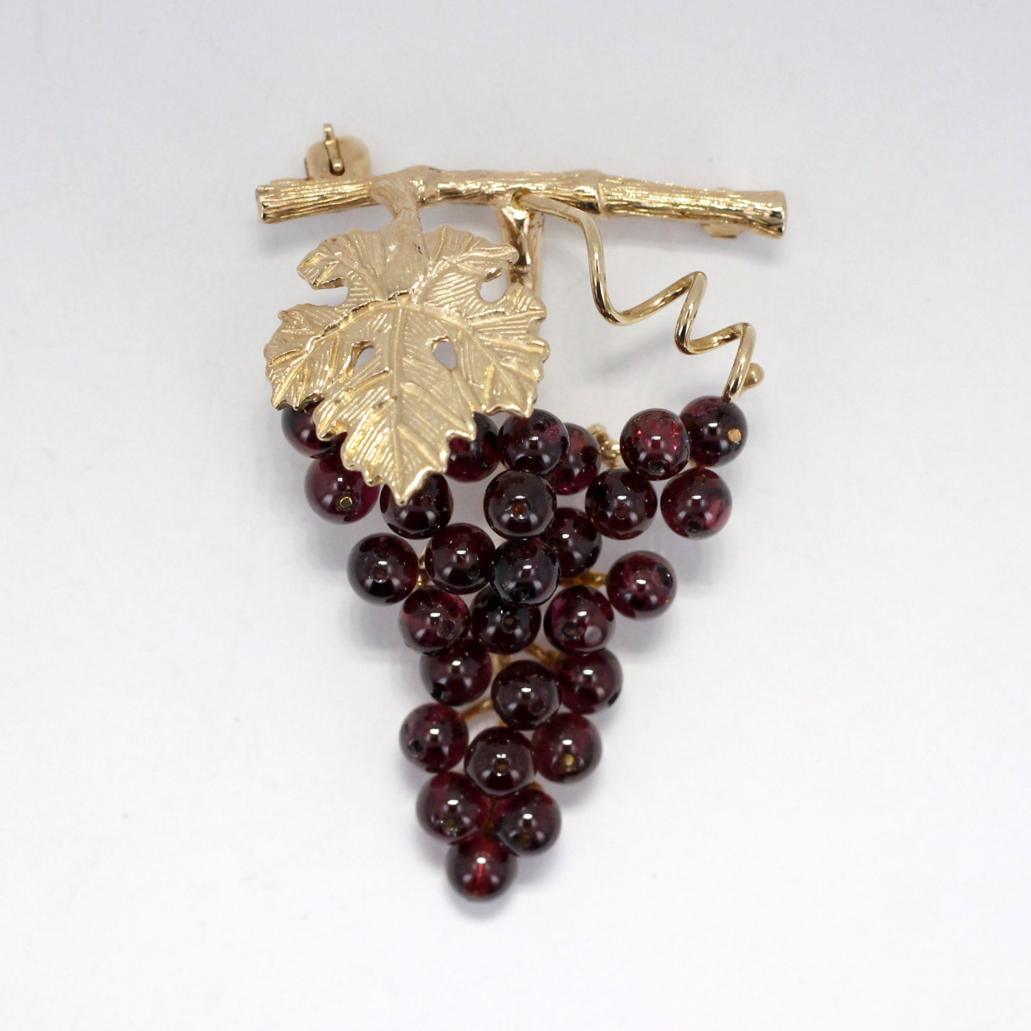 Grape Cluster Brooch for Her One Leaf on Vine 14kt Gold Red