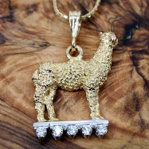 Gold Alpaca Necklace On Diamond Stage, Gold Alpaca necklace gift, 14kt. gold Alpaca Necklace with Diamond Stage, furry necklace for her