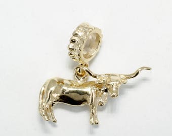 14kt Gold Texas Longhorn Charm: 3D Steer Slide