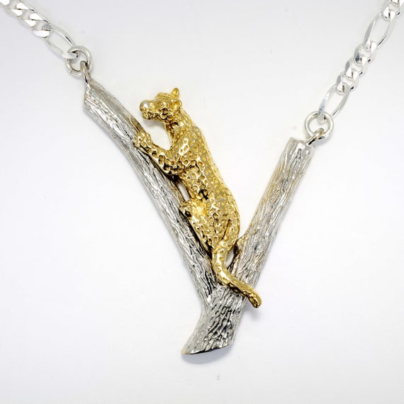 Gold Jaguar Necklace: Sterling Silver Tree Branch, Big Cat