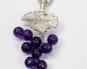 Medium Amethyst Grape Cluster Necklace, Two Leaf Sterling Silver Amethyst Grape Cluster Necklace, Grape wine Jewelry Gift for Her