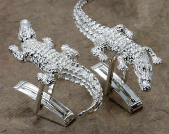 Gemelos de caimán de plata esterlina: joyería de caimán tallada a mano