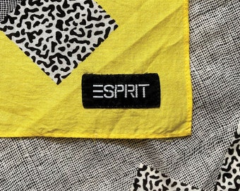 1980s ESPRIT Cotton Scarf, 25.5” Square, Yellow Border, Black/White Abstract Pattern, Esprit Label, Iconic Esprit Collectible, Used, Vintage