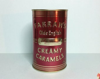 Vintage Red/Gold Decorative Tin, Farrah's Creamy Caramels, Valentine's Day Gift Tin, Home Storage Decor, Olde English Style, Retro, 1990s