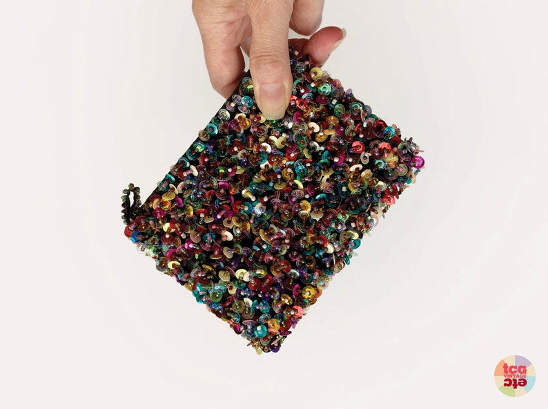 1980s Beads Sequins Purse, Mini Evening Clutch, Zipper Coin Pouch, Makeup Bag, Jewelry Bag, Clubbing Accessory, Retro Collectible, Vintage image 2