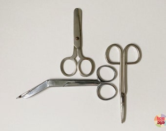 Vintage Scissors Trio, Suture, Angled, Child's Scissors, Mid Century Silver Cutters, Medical/Crafts Tools, Industrial Decor, Used, 1960-70s