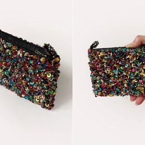 1980s Beads Sequins Purse, Mini Evening Clutch, Zipper Coin Pouch, Makeup Bag, Jewelry Bag, Clubbing Accessory, Retro Collectible, Vintage image 3