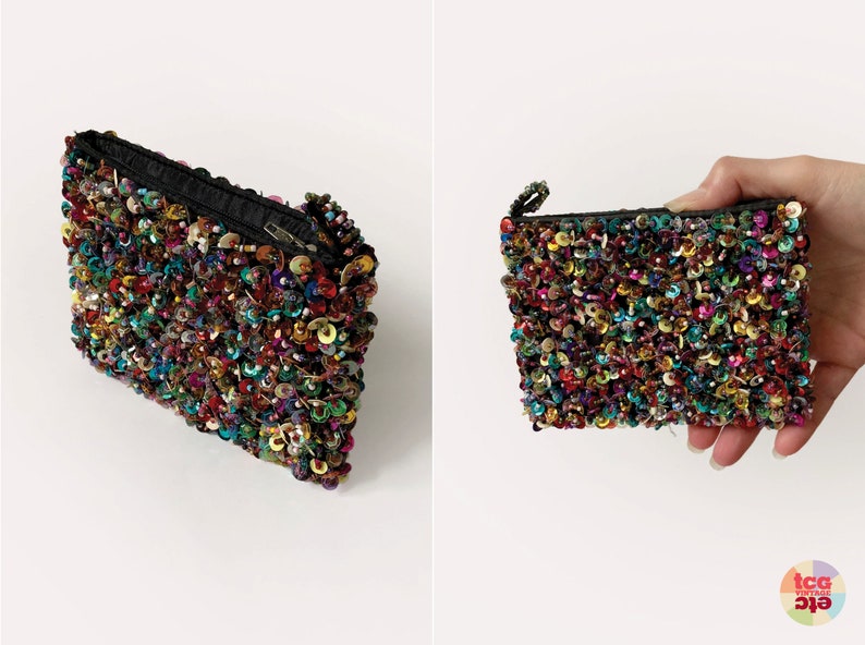 1980s Beads Sequins Purse, Mini Evening Clutch, Zipper Coin Pouch, Makeup Bag, Jewelry Bag, Clubbing Accessory, Retro Collectible, Vintage image 3