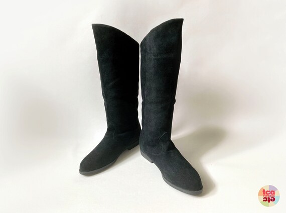 1980s Black Suede Boots Jack Sprat Leather Upper Knee High Pull on Angle cuff Top Straight slouch Flat Heel Wm 8 1 2 Used Vintage Etsy