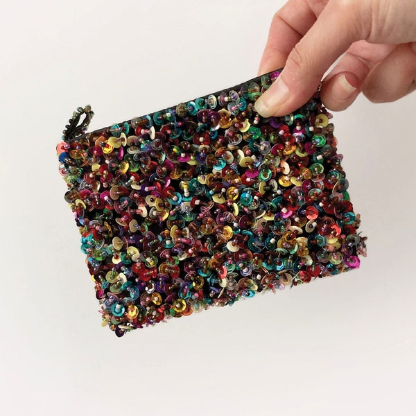 1980s Beads + Sequins Purse, Mini Evening Clutch, Zipper Coin Pouch, Makeup Bag, Jewelry Bag, Clubbing Accessory, Retro Collectible, Vintage