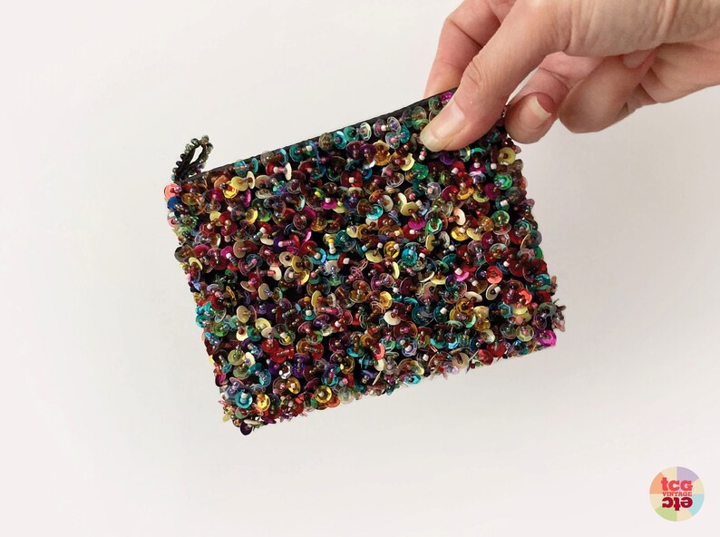 1980s Beads Sequins Purse, Mini Evening Clutch, Zipper Coin Pouch, Makeup Bag, Jewelry Bag, Clubbing Accessory, Retro Collectible, Vintage image 1