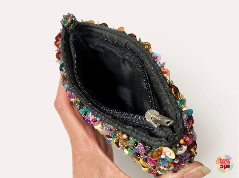 1980s Beads Sequins Purse, Mini Evening Clutch, Zipper Coin Pouch, Makeup Bag, Jewelry Bag, Clubbing Accessory, Retro Collectible, Vintage image 8