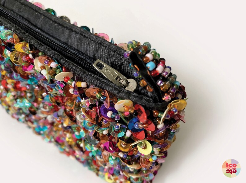 1980s Beads Sequins Purse, Mini Evening Clutch, Zipper Coin Pouch, Makeup Bag, Jewelry Bag, Clubbing Accessory, Retro Collectible, Vintage image 9