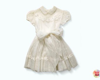 Vintage 1950s First Communion Dress 6-7 Yrs, Embroidered Satin & Tulle, Flower Girl Outfit