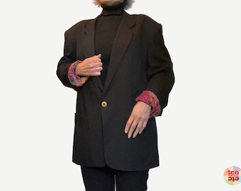 Blazer noir à doublure florale de 1983, Babylon Bus, épaulettes des années 80, grande veste coupe carrée pour femme, mode nostalgique, objet de collection d'occasion, vintage