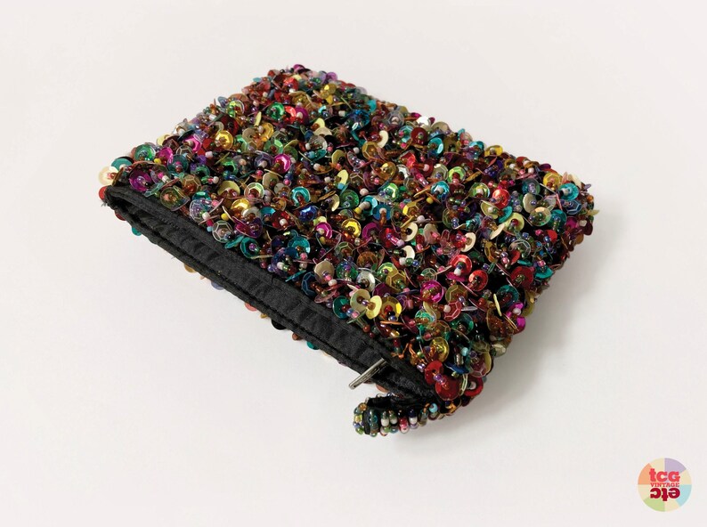 1980s Beads Sequins Purse, Mini Evening Clutch, Zipper Coin Pouch, Makeup Bag, Jewelry Bag, Clubbing Accessory, Retro Collectible, Vintage image 5