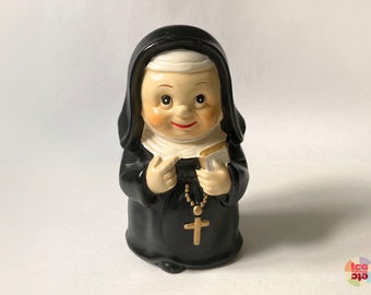 1960s Sweet Nun Coin Bank, Mid Century Painted Ceramic, Religious Novelty Bank, Made in Japan, Kitsch Home Decor, Used Collectible, Vintage