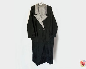 1983 Duster noir et argent, unisexe, trench-coat éclairé, pleine longueur, coupe ample croisée, nylon léger, objet de collection d'occasion, vintage