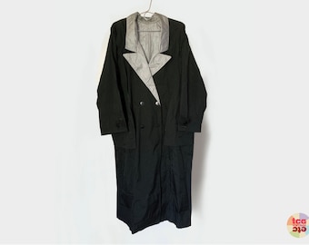Vintage 1980s Black & Silver Duster, Winlit Lightweight Nylon Trench Coat, Unisex M, Used