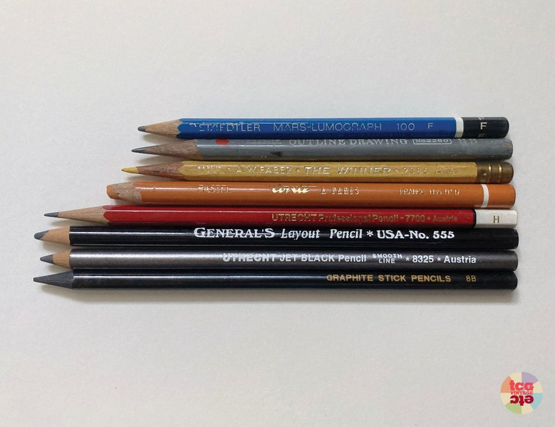 Vintage Sketch Pencils Gift Set, 8 Drawing Tools, Art Supplies, Handmade Beige Silver Box, Rustic Home Décor, Used Collectibles, 1970s-80s image 5